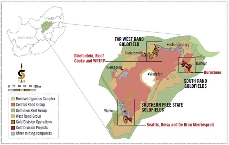 Distribuição das minas da Sibanye Gold